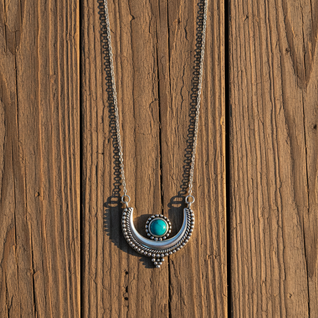 Crescent Moon Necklace - Sterling Silver Oxidized with Turquoise
