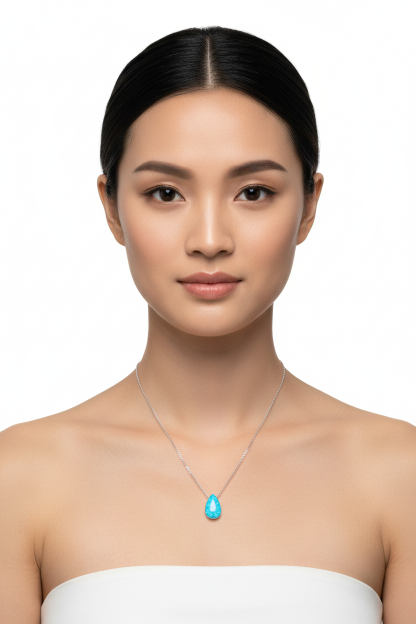 Opal Pear Drop Necklace Rhodium 925 Silver Blue Synthetic 9x12mm 16+2