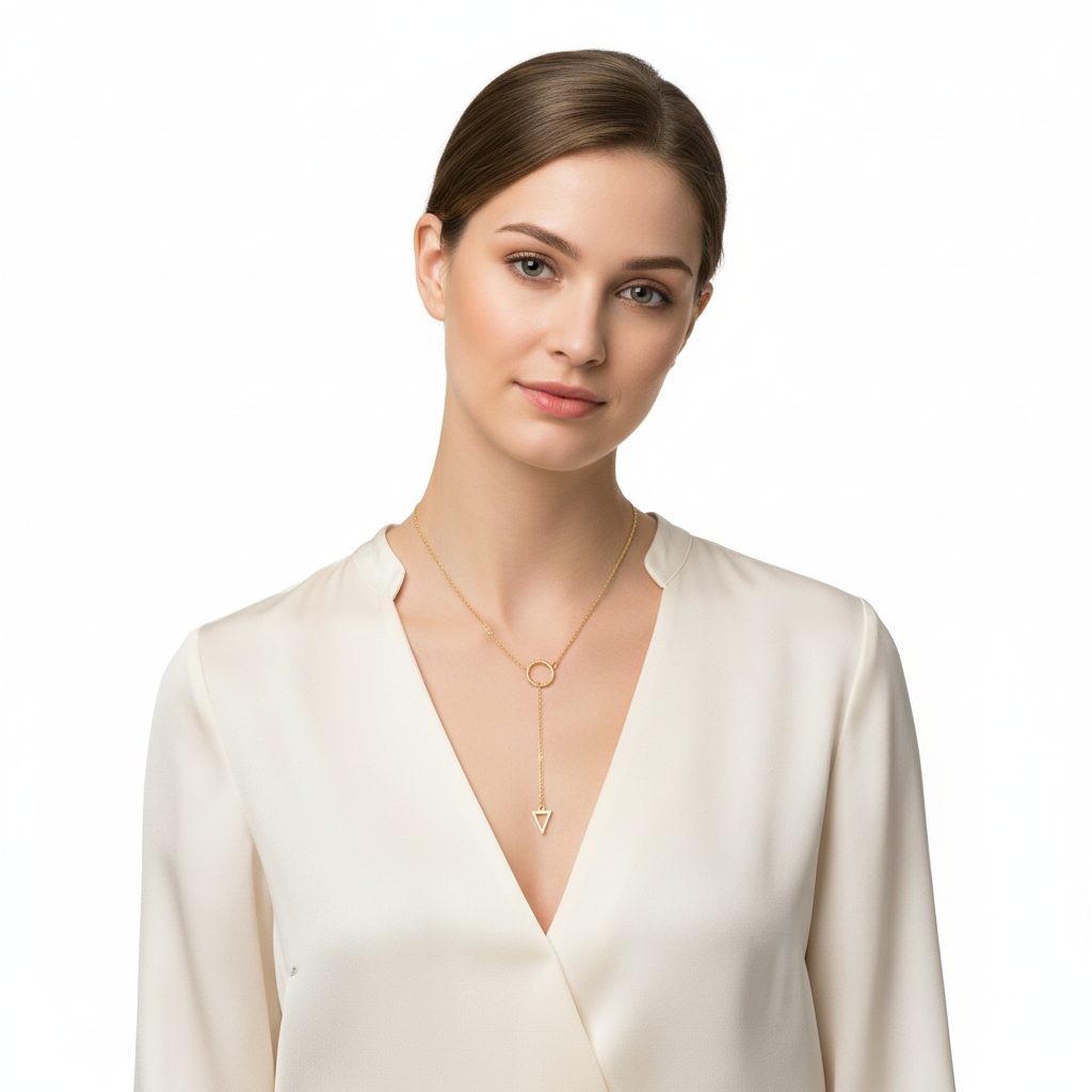 Geometric Lariat Necklace 14K Gold Plated 925 Sterling Silver Circle Triangle 24"