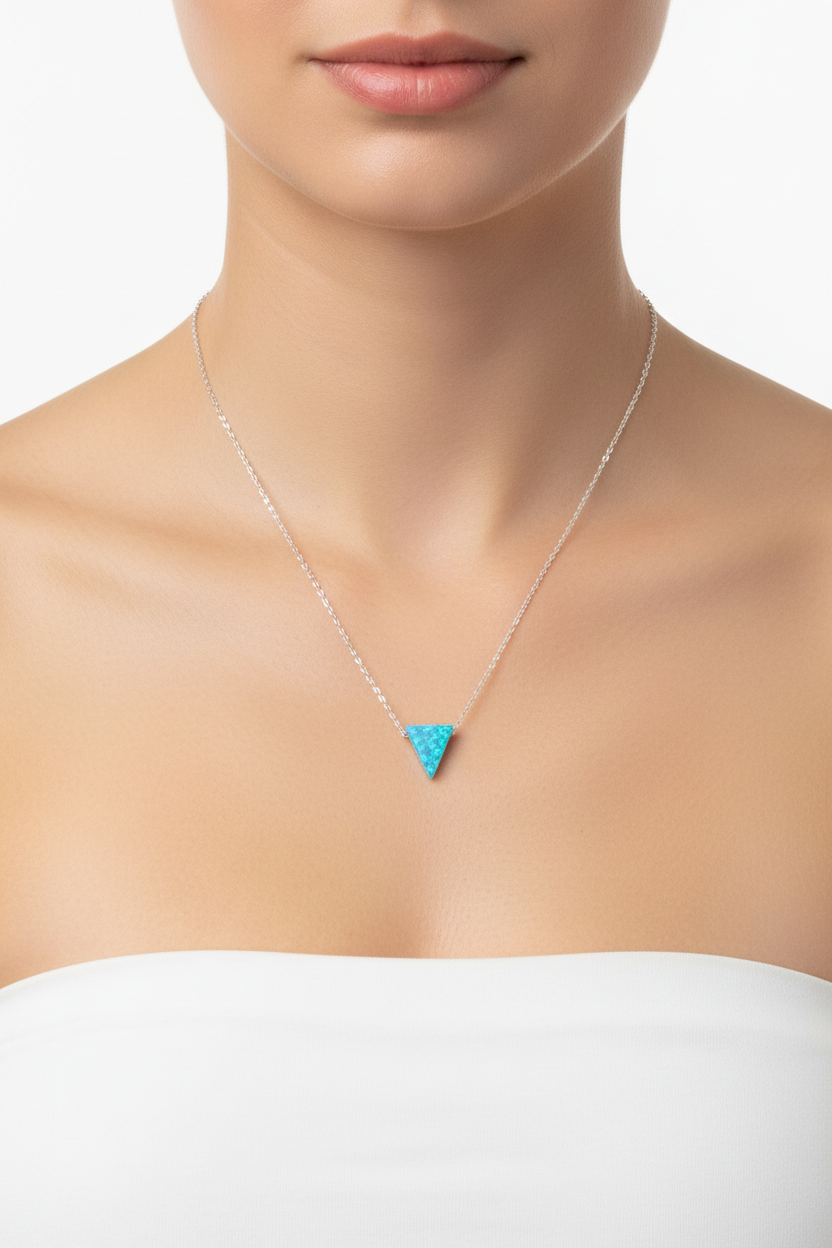 Opal Triangle Necklace Rhodium 925 Silver Blue Synthetic 9.5mm 16+2