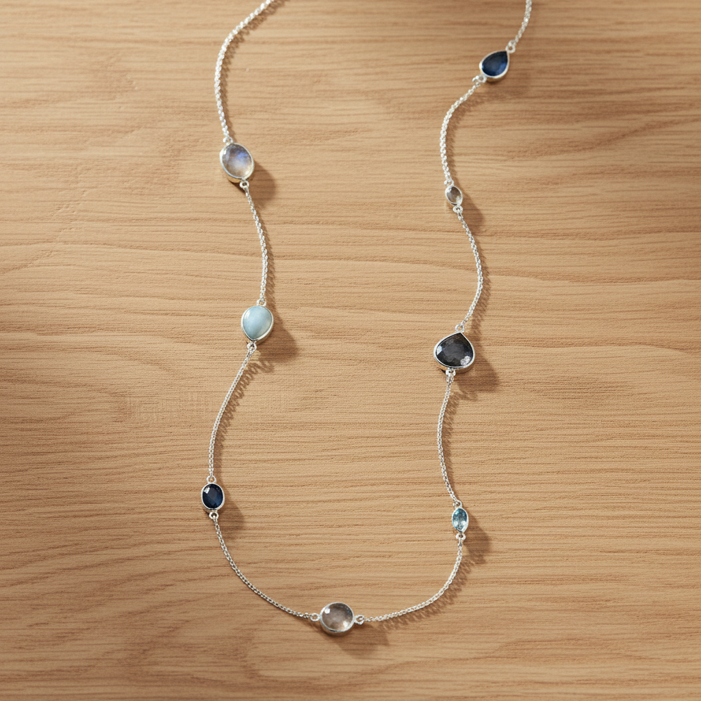 Sterling Silver Endless Necklace with Larimar, Blue Topaz, Aventurine, Rainbow Moonstone, 29 Inch, Multi-Shape Stones