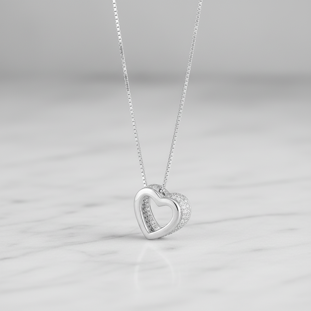 Sterling Silver Rhodium Plated Floating Heart Pendant Necklace, Pave  CZ, 16 Inch Chain with 2 Inch Extender, Spring Ring Closure