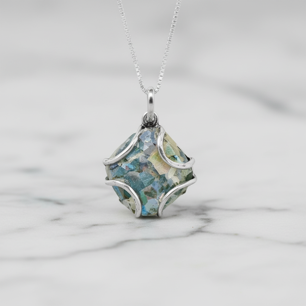 Ancient Roman Glass Necklace - Sterling Silver Oxidized Wire Set Pendant