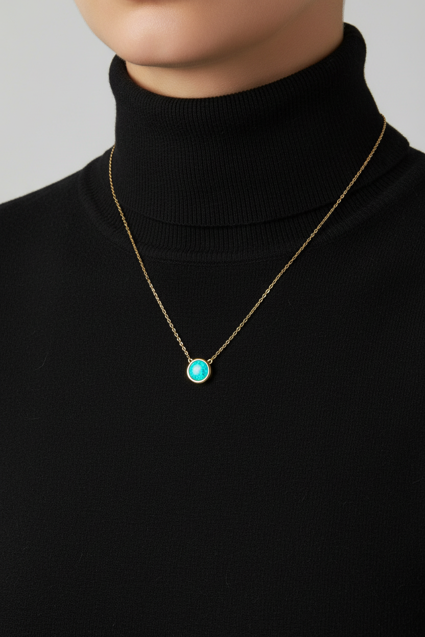 14 Karat Gold Plated Sterling Silver Cable Chain Necklace with Synthetic Blue Opal Circle Pendant, 16 Inch with 2 Inch Extension