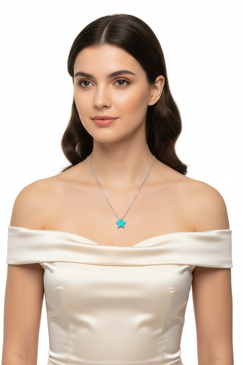 Opal Star Necklace Rhodium 925 Sterling Silver Blue Synthetic 8.5mm 16+2