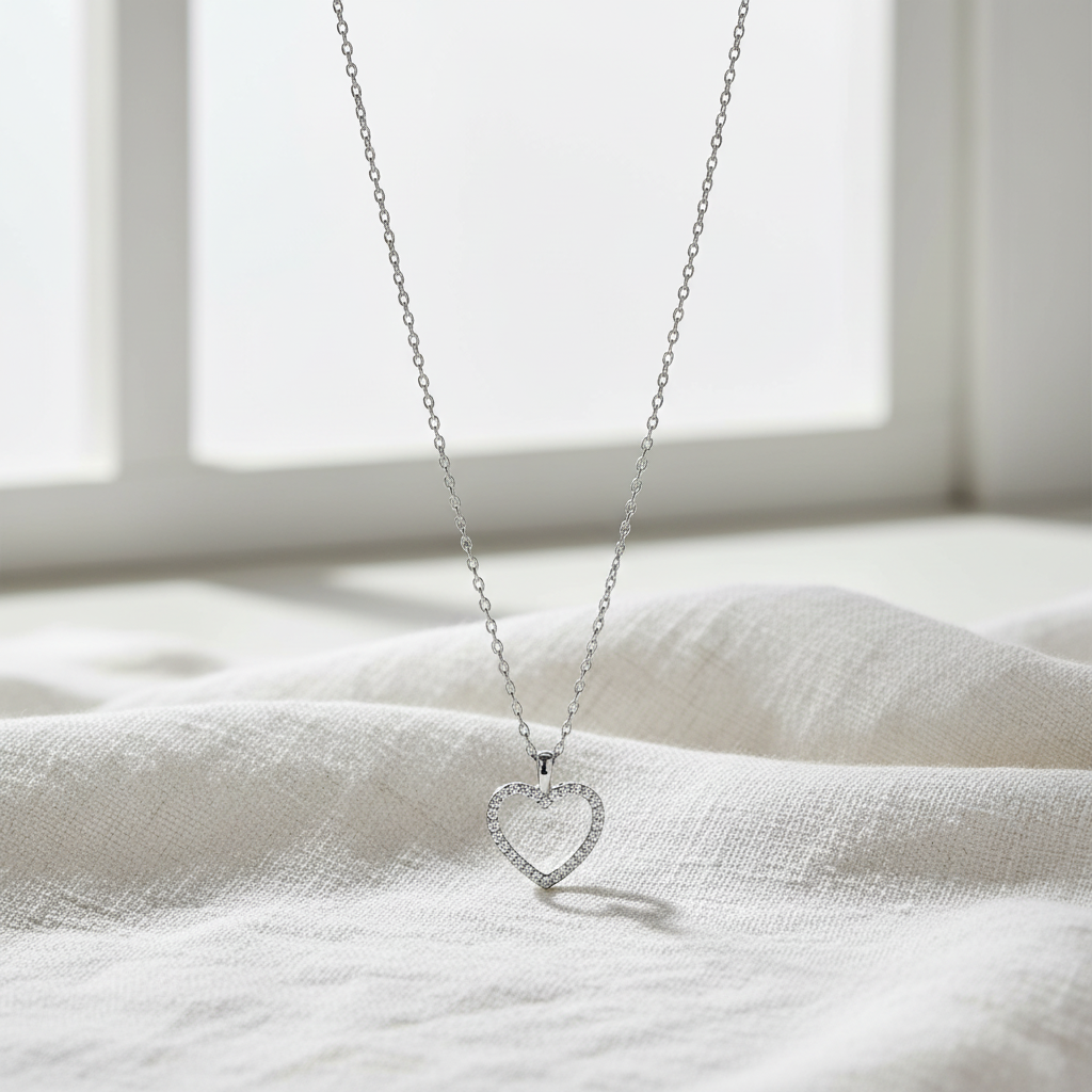 CZ Outline Heart Necklace Rhodium 925 Sterling Silver 12mm 16+2