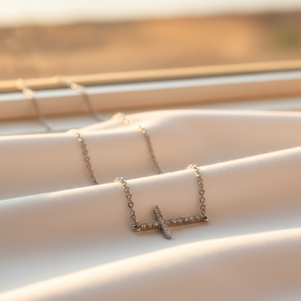 Sterling Silver Sideways Cross Necklace, Rhodium Plated, CZ, 16 Inch Chain with 2 Inch Extension