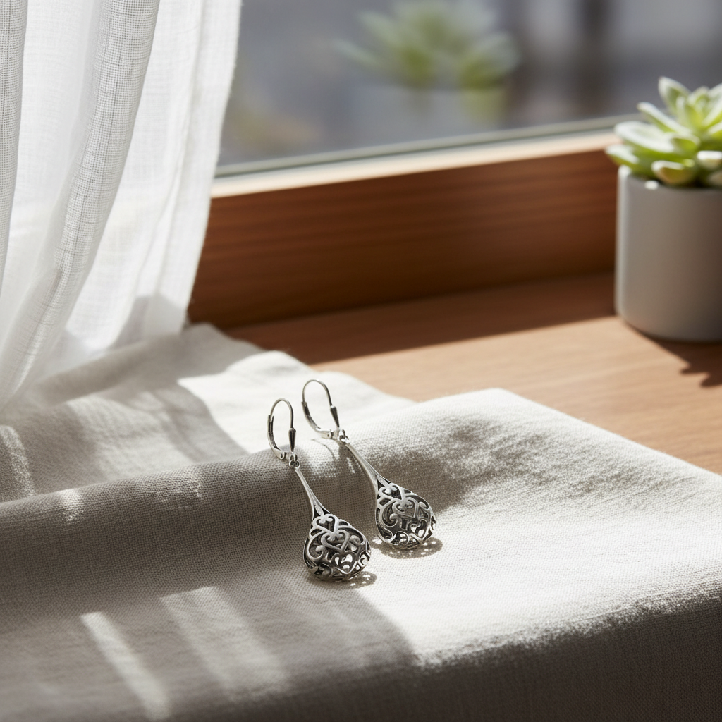Raindrop Romance | Oxidized Silver Filigree Heart Teardrop Earrings