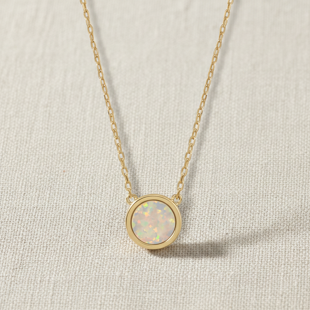 14 Karat Gold Plated Sterling Silver Cable Chain Necklace with Synthetic White Opal Circle Pendant, 16 Inch with 2 Inch Extension