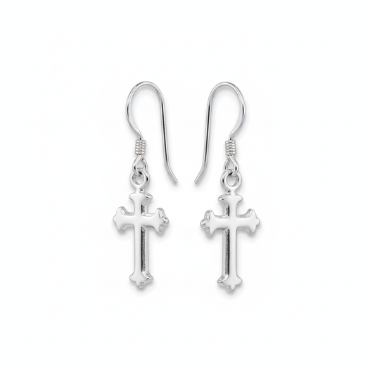 Sterling Silver Cross French Wire Earrings, Ornate Polished Design, 16mm x 7mm Charm, 29mm Drop Length