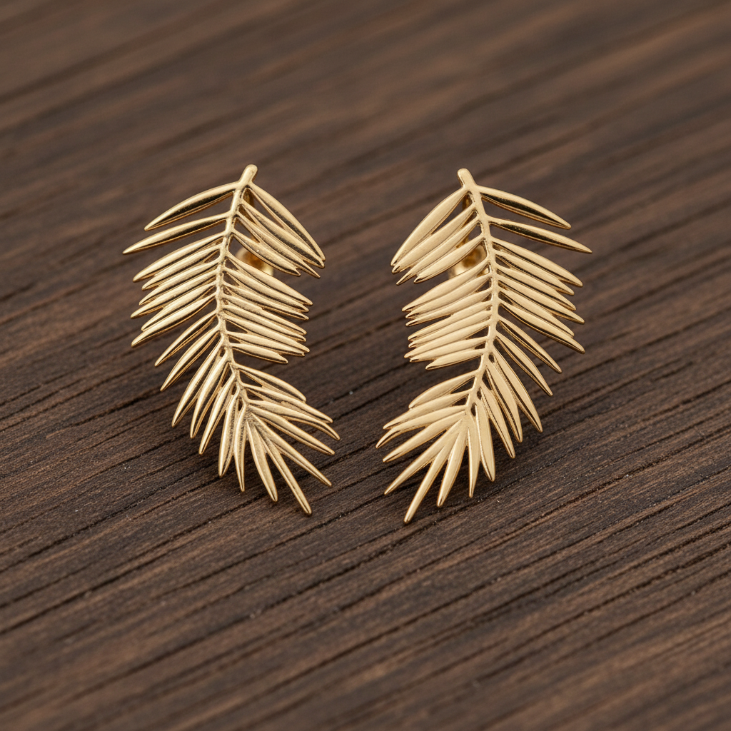 Palm Leaf Post Earrings 14K Gold Plated 925 Sterling Silver 25.3x38.8mm