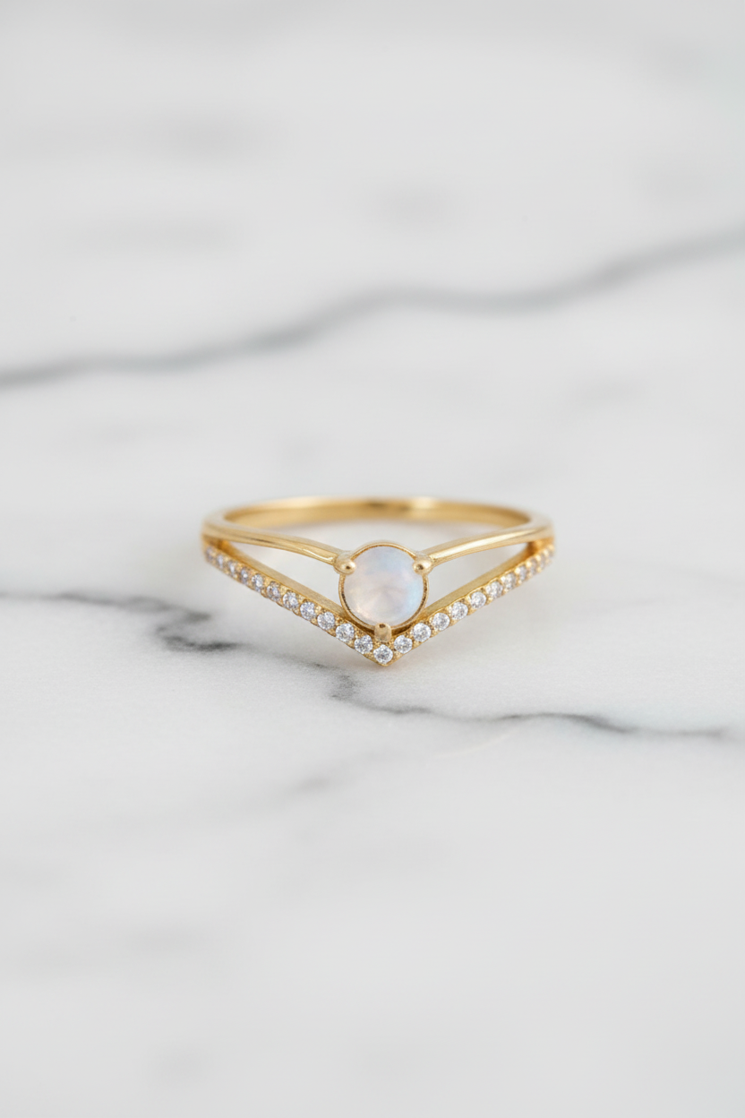 Rainbow Moonstone CZ V Ring 14K Gold Plated 925 Sterling Silver 4mm Sizes 6-9