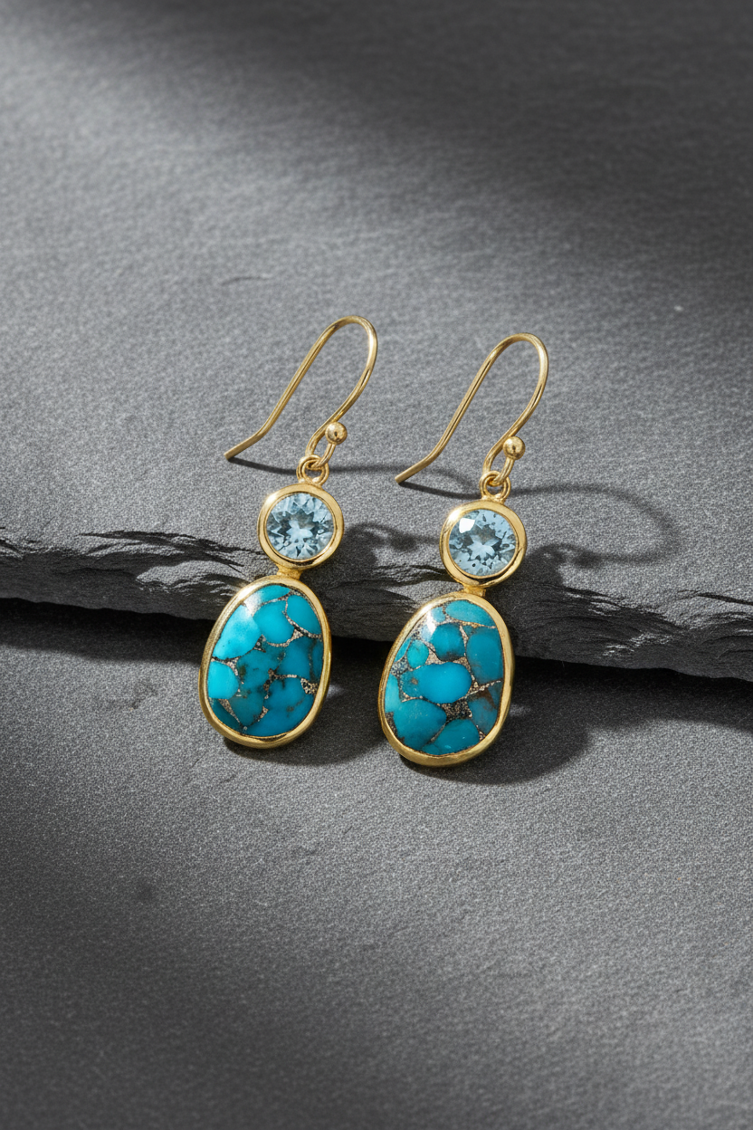 Desert Sky Duo-14K Gold Plated Sterling Silver Turquoise & Blue Topaz Earrings