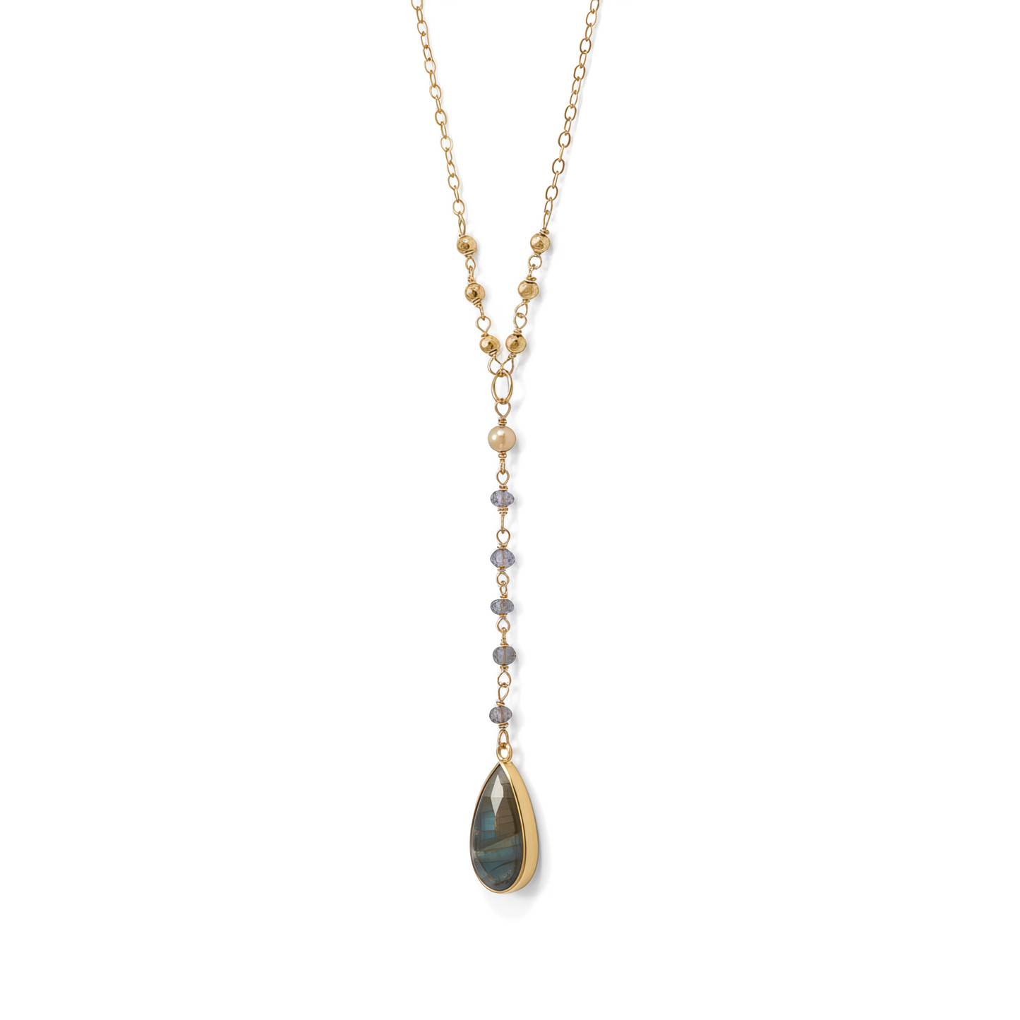 Labradorite Drop Necklace 14K Gold Plated 925 Sterling Silver Pyrite 2.5 Inch