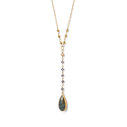 Labradorite Drop Necklace 14K Gold Plated 925 Sterling Silver Pyrite 2.5 Inch