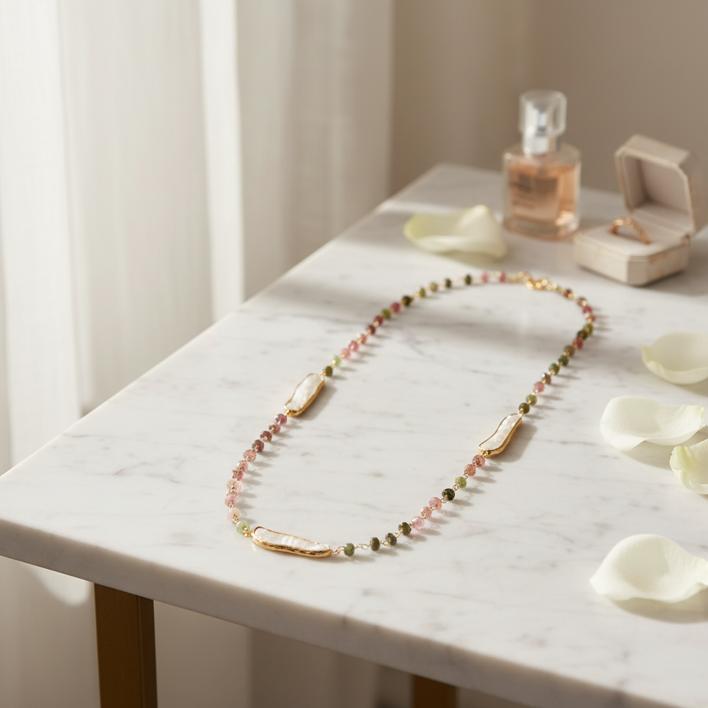Tourmaline Pearl Necklace 14K Gold Plated 925 Sterling Silver 3.5x4mm 24 Inch