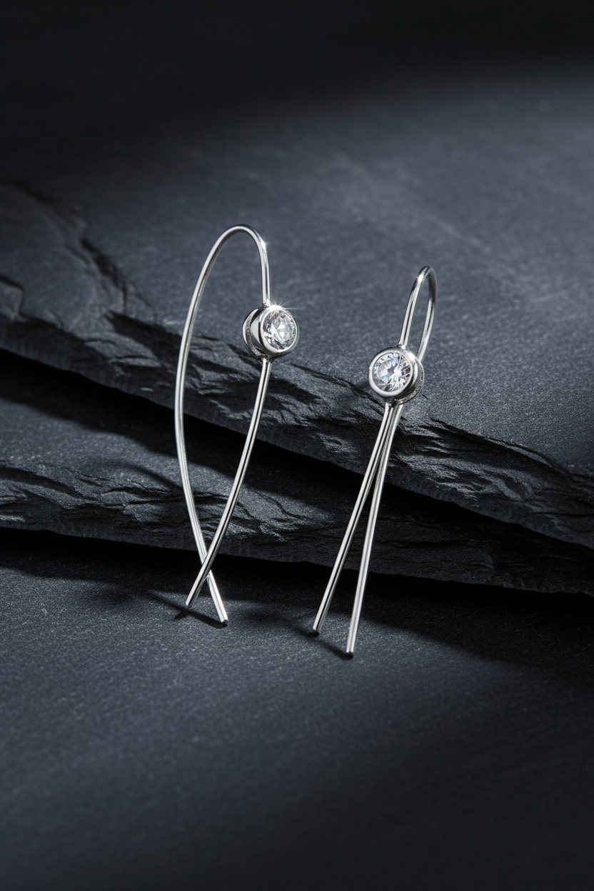 CZ Bezel Arc Wire Drop Earrings Rhodium Plated 925 Sterling Silver 4mm 43mm