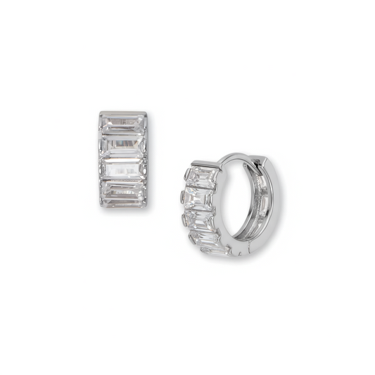 Baguette CZ Hoop Earrings - Sterling Silver Rhodium Plated Chunky Design