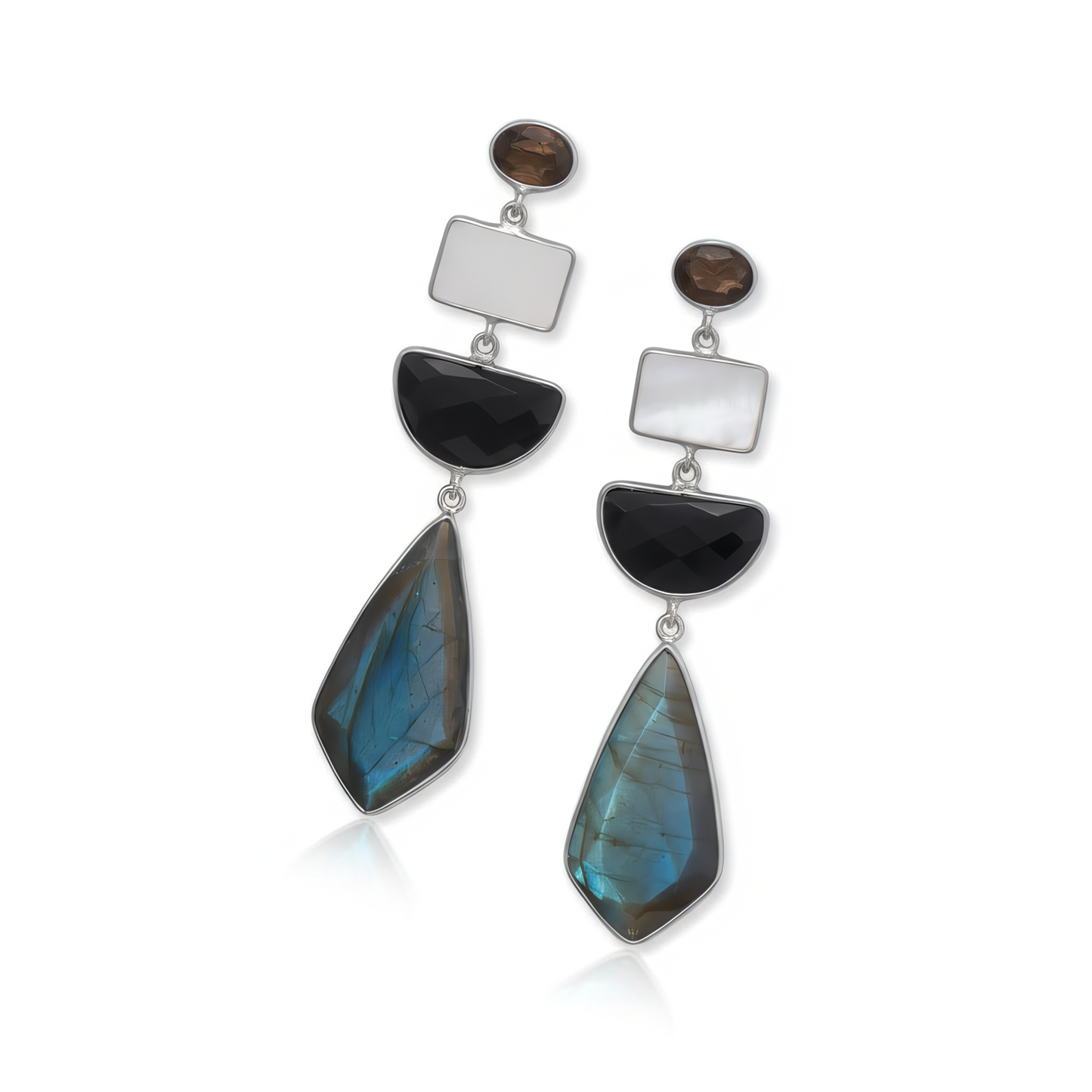 Geometric Multi-Stone Drop Earrings - Sterling Silver with Labradorite Moonstone Onyx Quartz