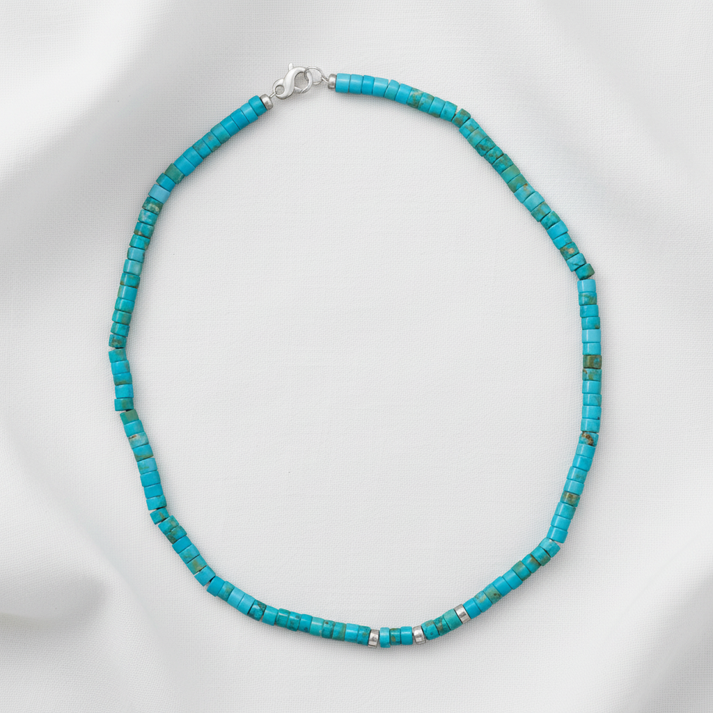 Generic Sterling Silver Turquoise Heishi Bead Necklace, Reconstituted Stone with Silver Rondelle Beads, 21 Inch Length, 4mm x 5.5mm Beads