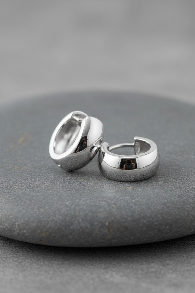 Wide Huggie Hoop Earrings Rhodium Plated 925 Sterling Silver 15mm 6mm Wide
