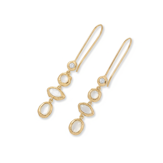 14 Karat Gold Plated Sterling Silver Hammered Earrings with CZ and Rainbow Moonstone, French Wire, 50mm Length