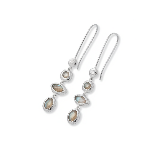 Labradorite and CZ Drop Earrings - Sterling Silver Rhodium Plated Hammered Design