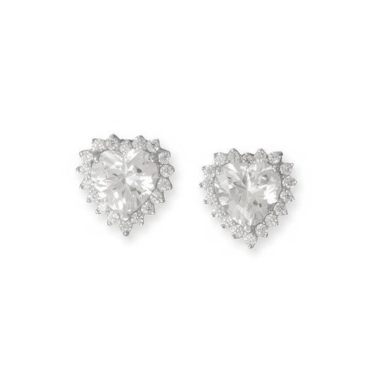 Pavé CZ Heart Halo Stud Earrings Rhodium Plated 925 Sterling Silver 8mm