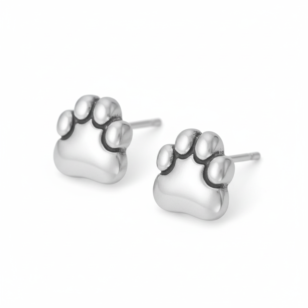 Paw Prints on My Heart | Oxidized Sterling Silver Paw Print Stud Earrings