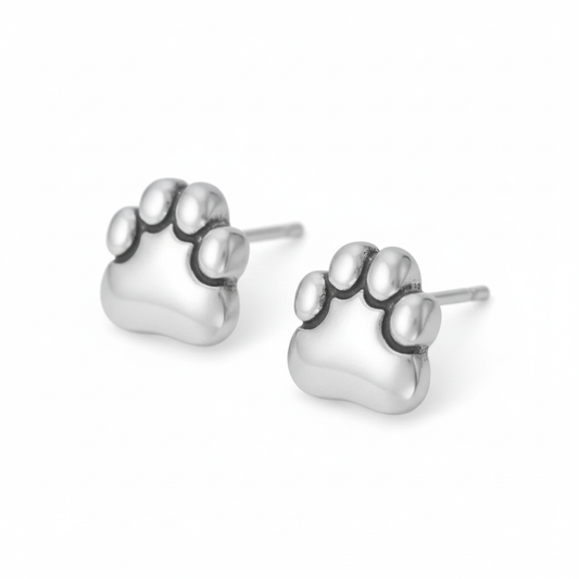 Sterling Silver Oxidized Paw Print Stud Earrings, 10mm x 9.9mm, Stainless Steel Posts, USA Made