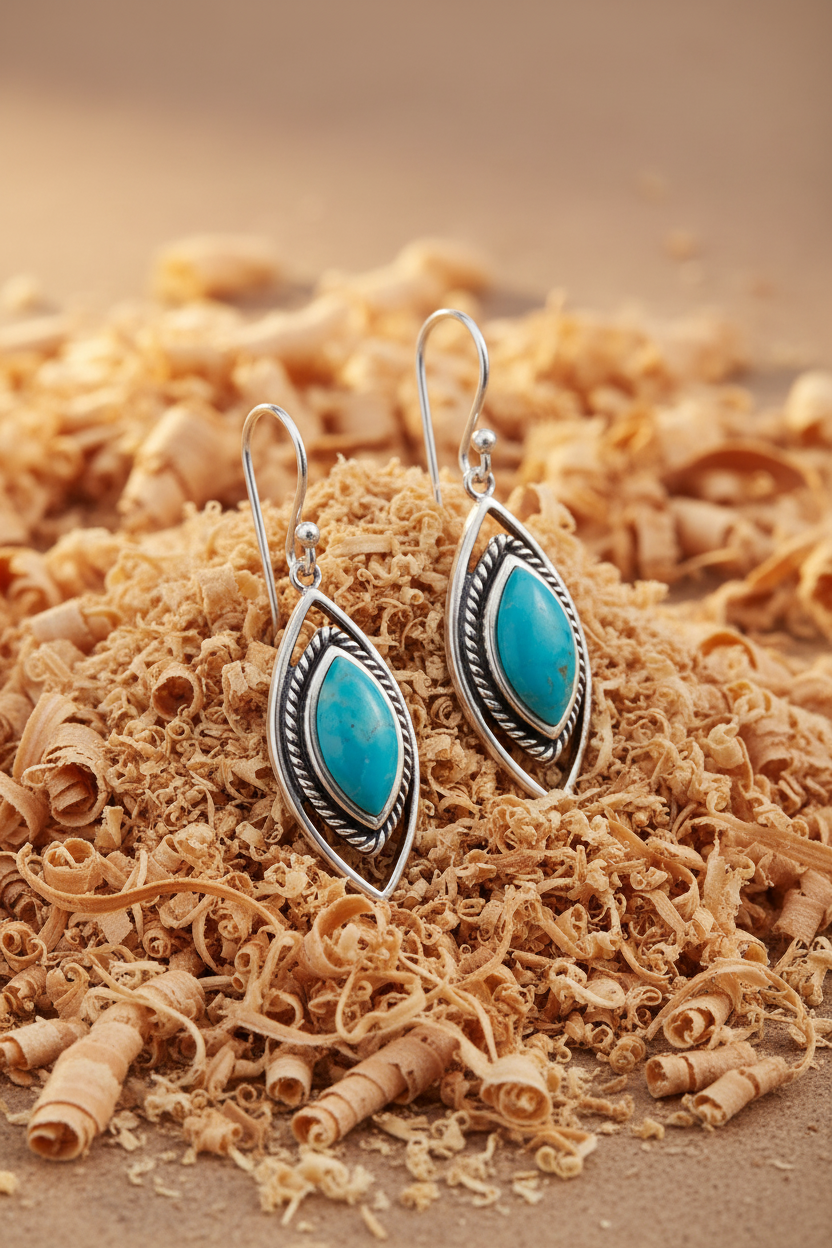 Marquise Turquoise Drop Earrings Oxidized 925 Sterling Silver Rope Edge 7x14mm 40mm