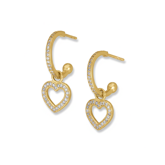 14 Karat Gold Plated Sterling Silver Heart Charm Hoop Earrings with CZ Accents, 26.5mm Length, Removable Heart Design