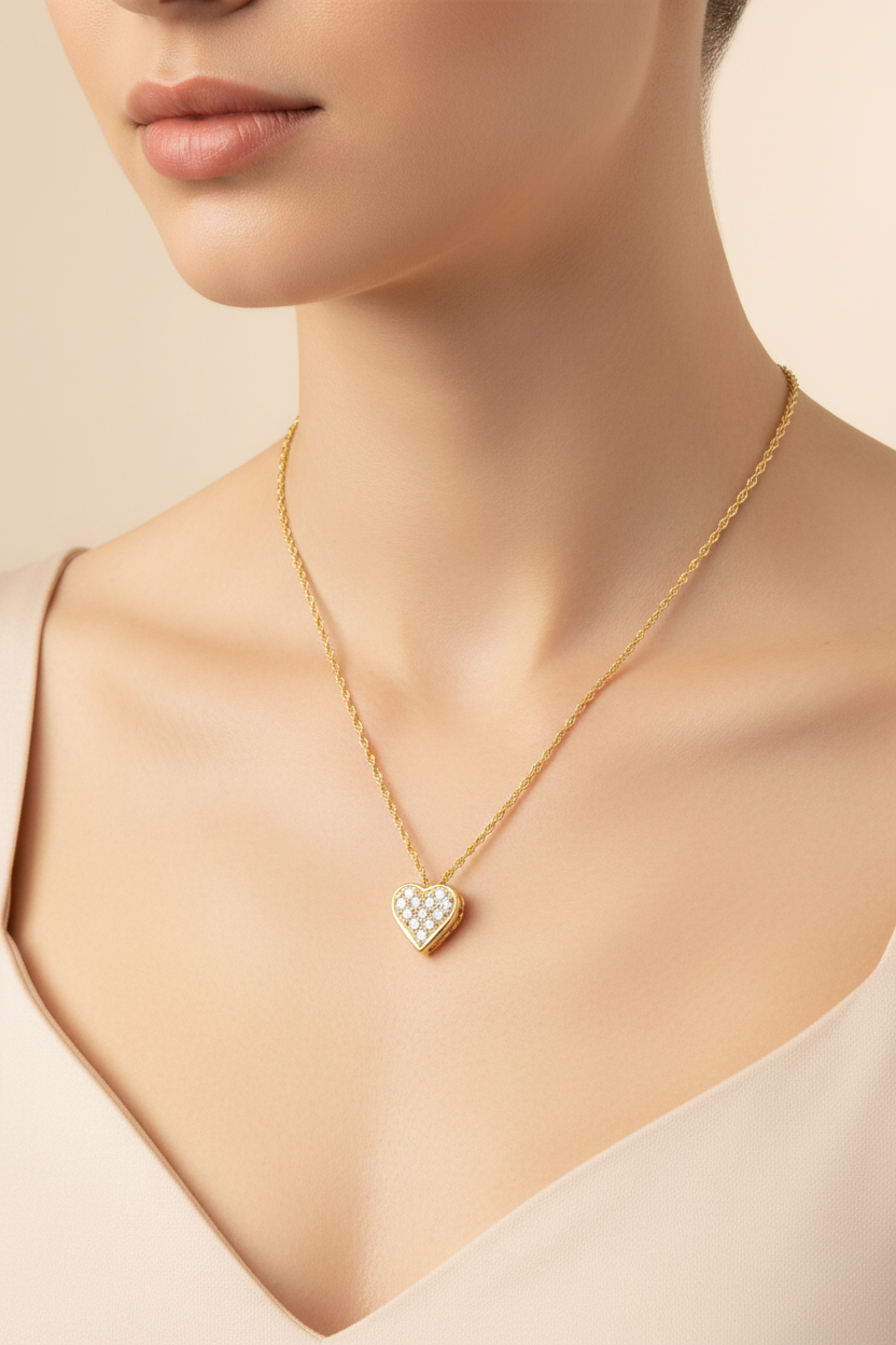 14 Karat Gold Plated Sterling Silver Heart Mom Necklace, Pave CZ Pendant, 16 Inch Chain with 2 Inch Extender