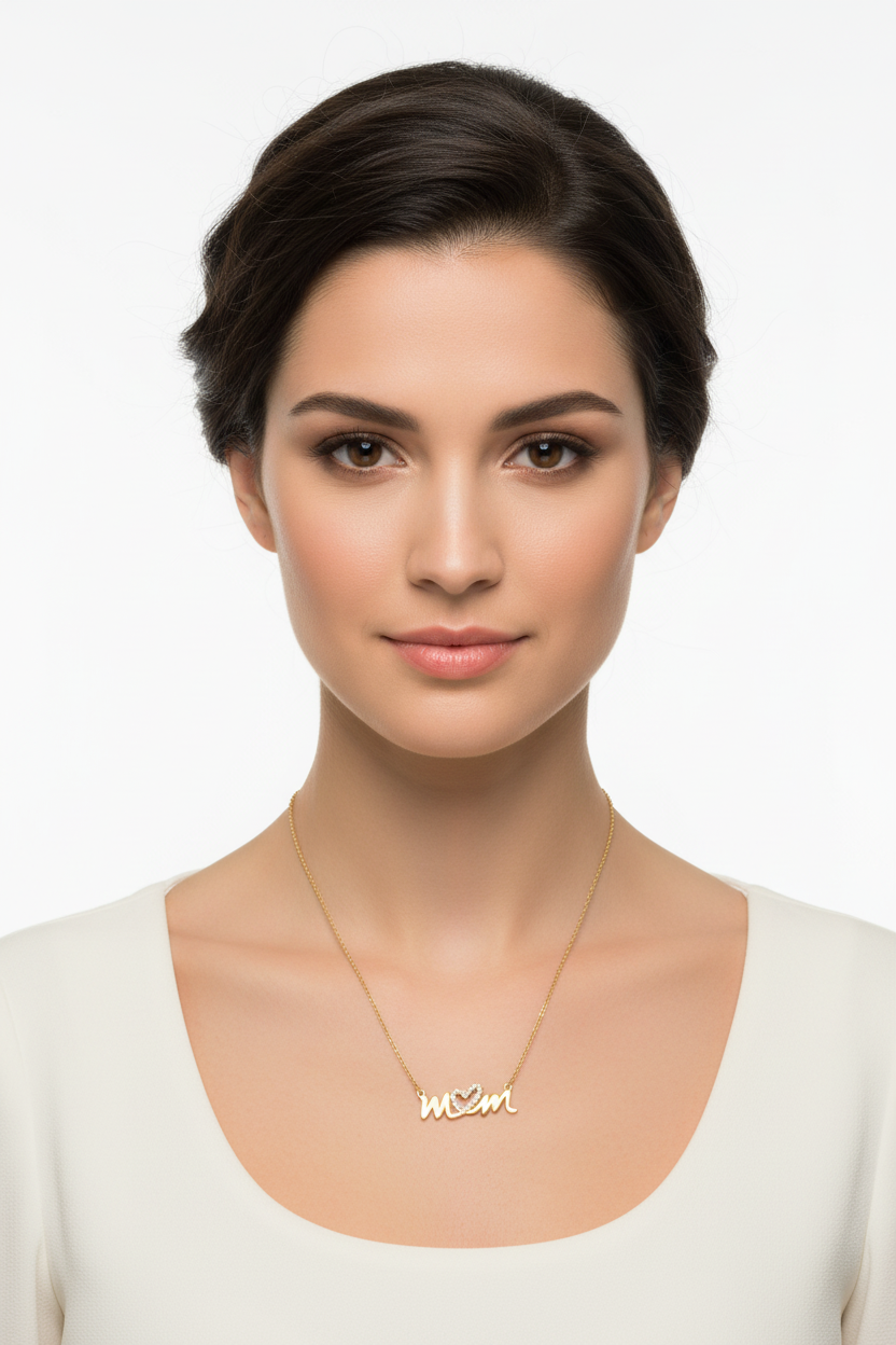 CZ Mom Necklace 14K Gold Plated 925 Silver Heart 25mm 16+2 Inch