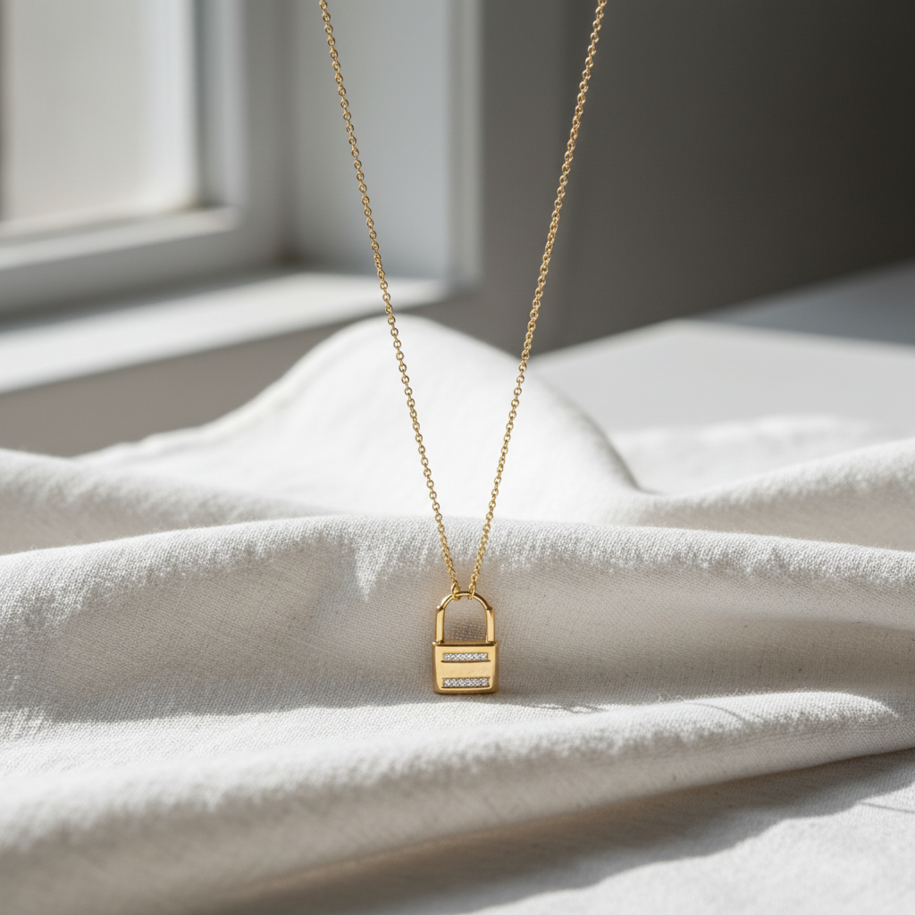 14 Karat Gold Plated Sterling Silver Lock Chain Necklace with CZ Accents, 16 Inch with 2 Inch Extender, Lobster Clasp