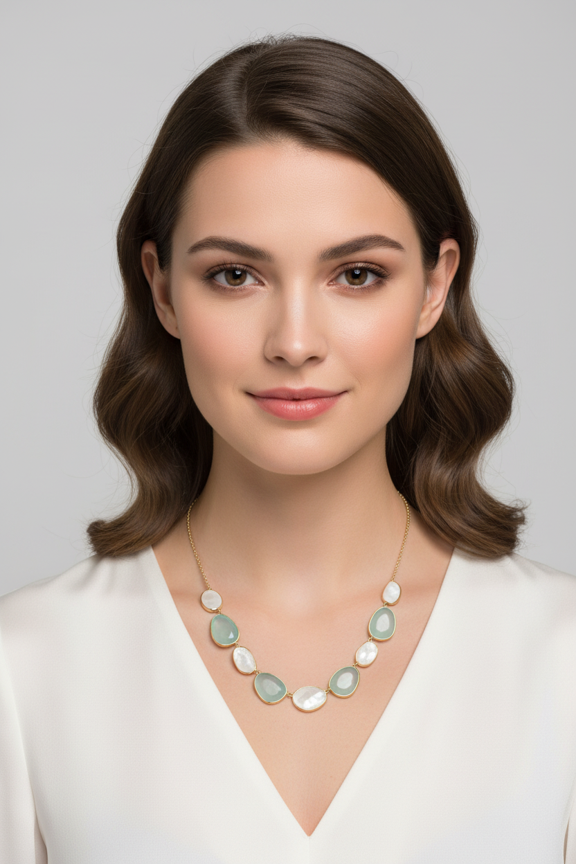 14 Karat Gold Plated Sterling Silver Necklace with Rainbow Moonstone, Green Chalcedony, 16 Inch Chain, Bezel Set Oval Stones