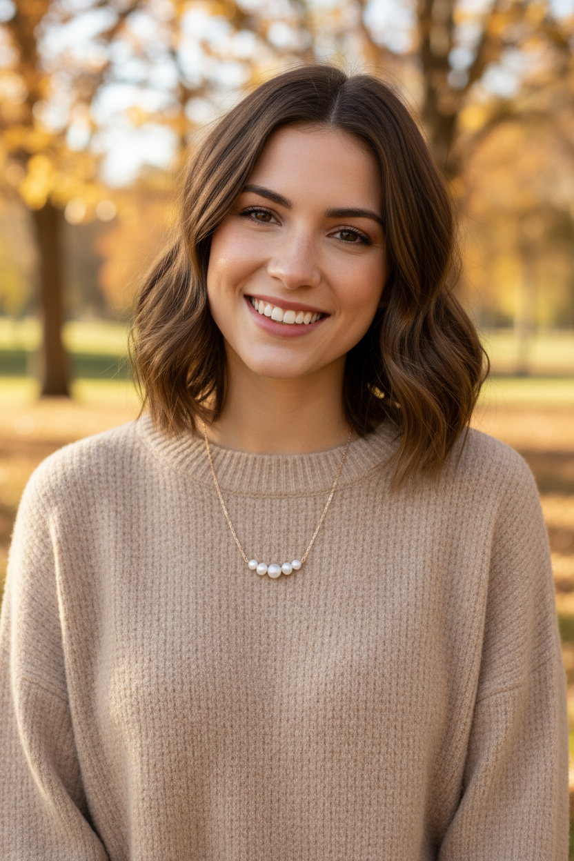 14 Karat Gold Pearl Bar Necklace, 16 Inch Cable Chain, 5 Cultured Freshwater Pearls, Spring Ring Closure, Yellow Gold