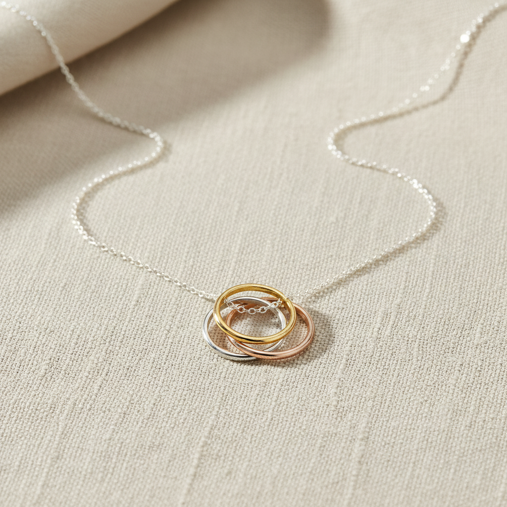 Tri Tone Ring Drop Necklace 925 Sterling Silver Yellow Rose Gold Plated 16 Inch