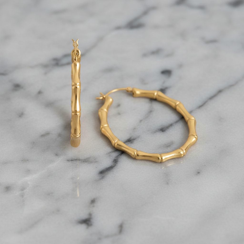 Bamboo Hoop Earrings 14K Gold Plated 925 Sterling Silver 44mm 3.7mm Wide