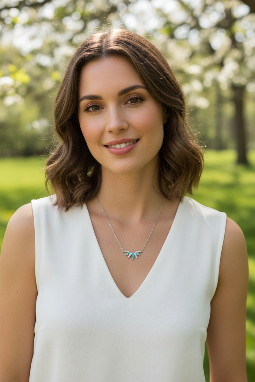 Turquoise CZ Sunray Necklace 925 Sterling Silver Rhodium 20mm 16+2 Inch