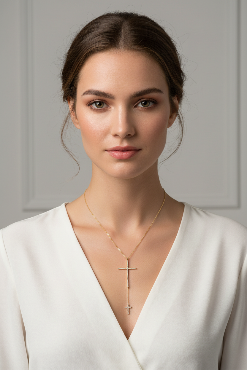 14 Karat Gold Plated Sterling Silver Necklace with Double CZ Cross Drop, 24 Inch Chain, Lobster Clasp