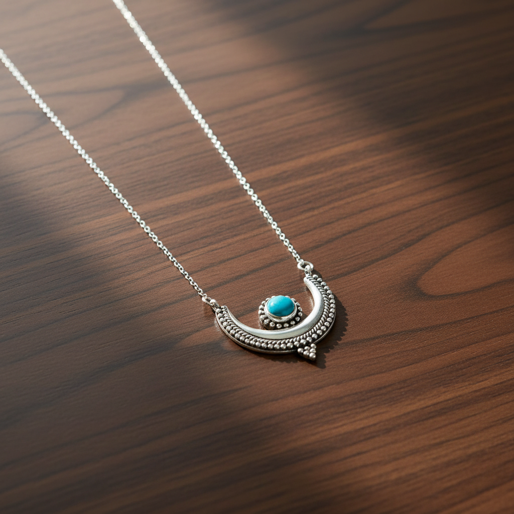 Crescent Moon Necklace - Sterling Silver Oxidized with Turquoise