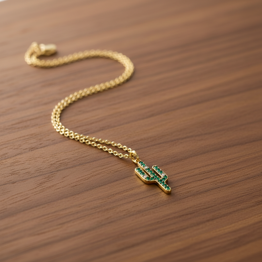 14 Karat Gold Plated Sterling Silver Saguaro Cactus Charm Necklace, Green and White CZ Flowers, 16 Inch Chain with 2 Inch Extension