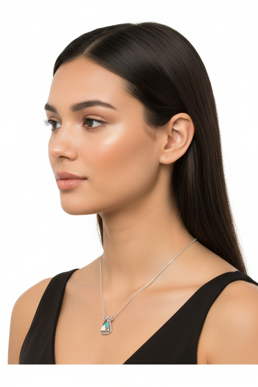 Sterling Silver Oxidized Pendant Necklace with Spiny Oyster and Turquoise Stone, 18+2 Inch Chain, Rope and Bead Detail