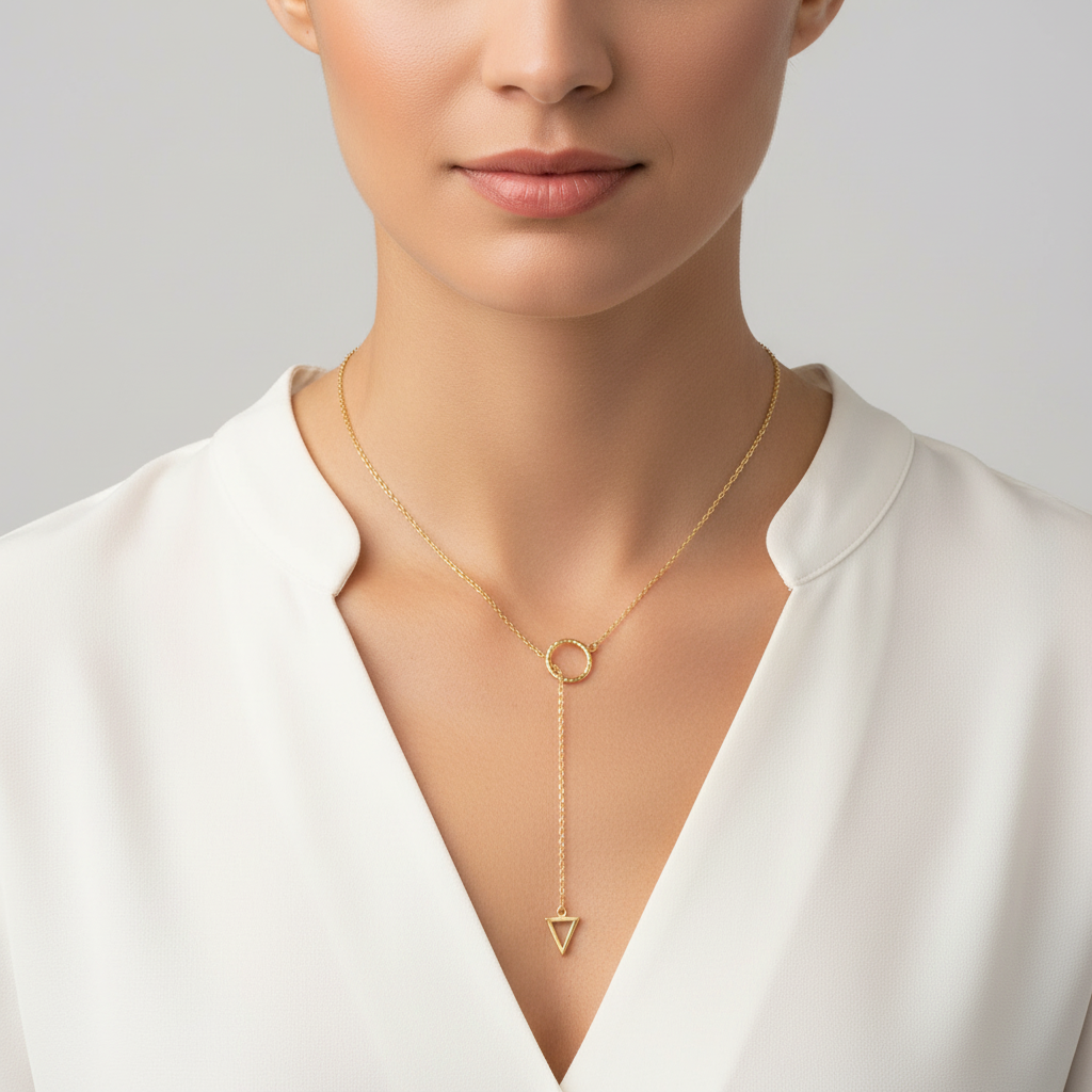 Geometric Lariat Necklace 14K Gold Plated 925 Sterling Silver Circle Triangle 24"