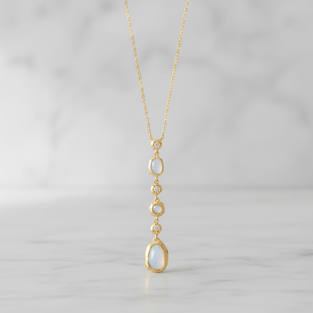 14 Karat Gold Plated Sterling Silver Rainbow Moonstone Drop Necklace, CZ Accents, 16 Inch Chain with 2 Inch Extender