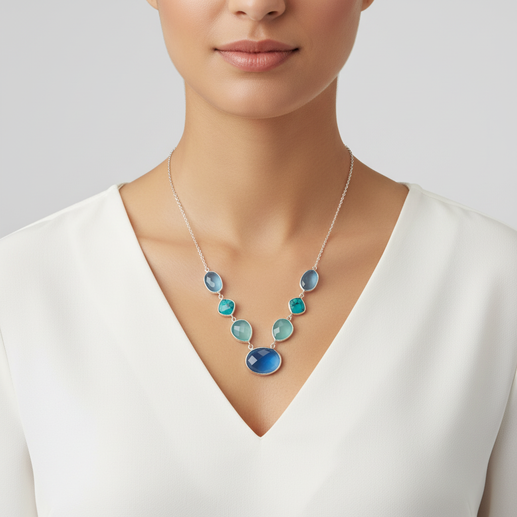 Multi-Stone Necklace - Sterling Silver Turquoise and Chalcedony Statement