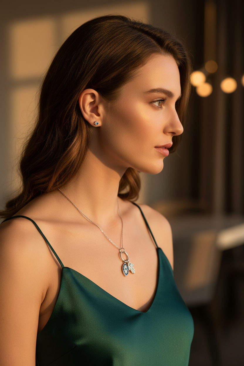 Sterling Silver Hamsa and Evil Eye CZ Pendant Necklace, Rhodium Plated, 16 Inch Chain with 2 Inch Extension, clear and blue CZs