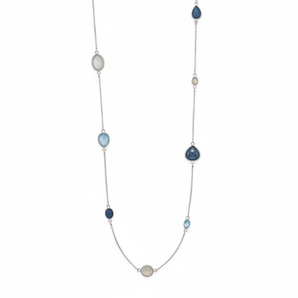 Sterling Silver Endless Necklace with Larimar, Blue Topaz, Aventurine, Rainbow Moonstone, 29 Inch, Multi-Shape Stones
