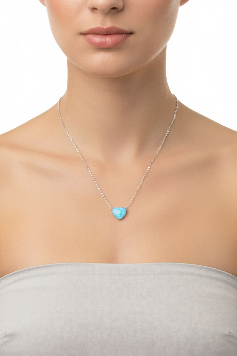 Opal Heart Necklace Rhodium 925 Sterling Silver Blue Synthetic 9mm 16+2